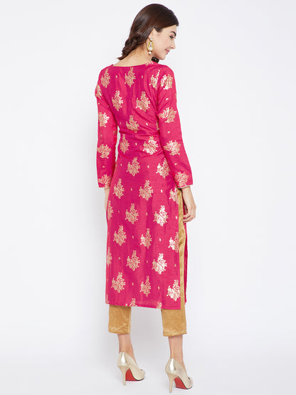Women's Magenta And Grey Color On Gold Foile Printed Streight Angrakha Kurta