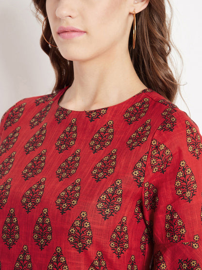 Women's Red Ethnic Motif Printed Mid Length Layed Kurta