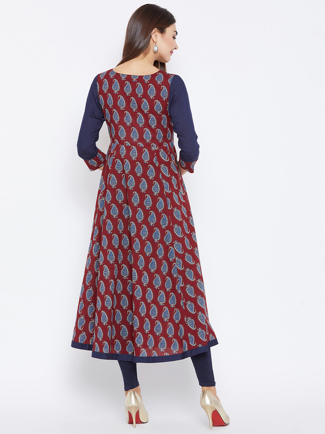 Women's Maroon And Navy Blue Paisely Printed Anarkali Ankle Length Kurta