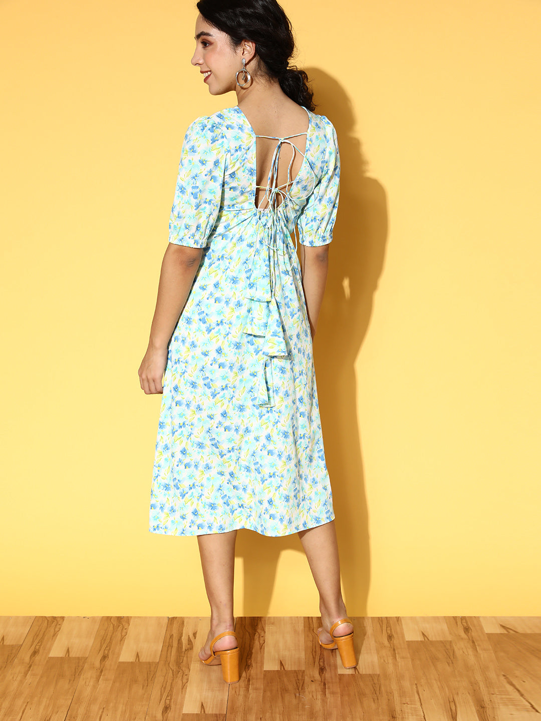 PANIT White  Blue Floral Printed Styled Back A-Line Midi Dress