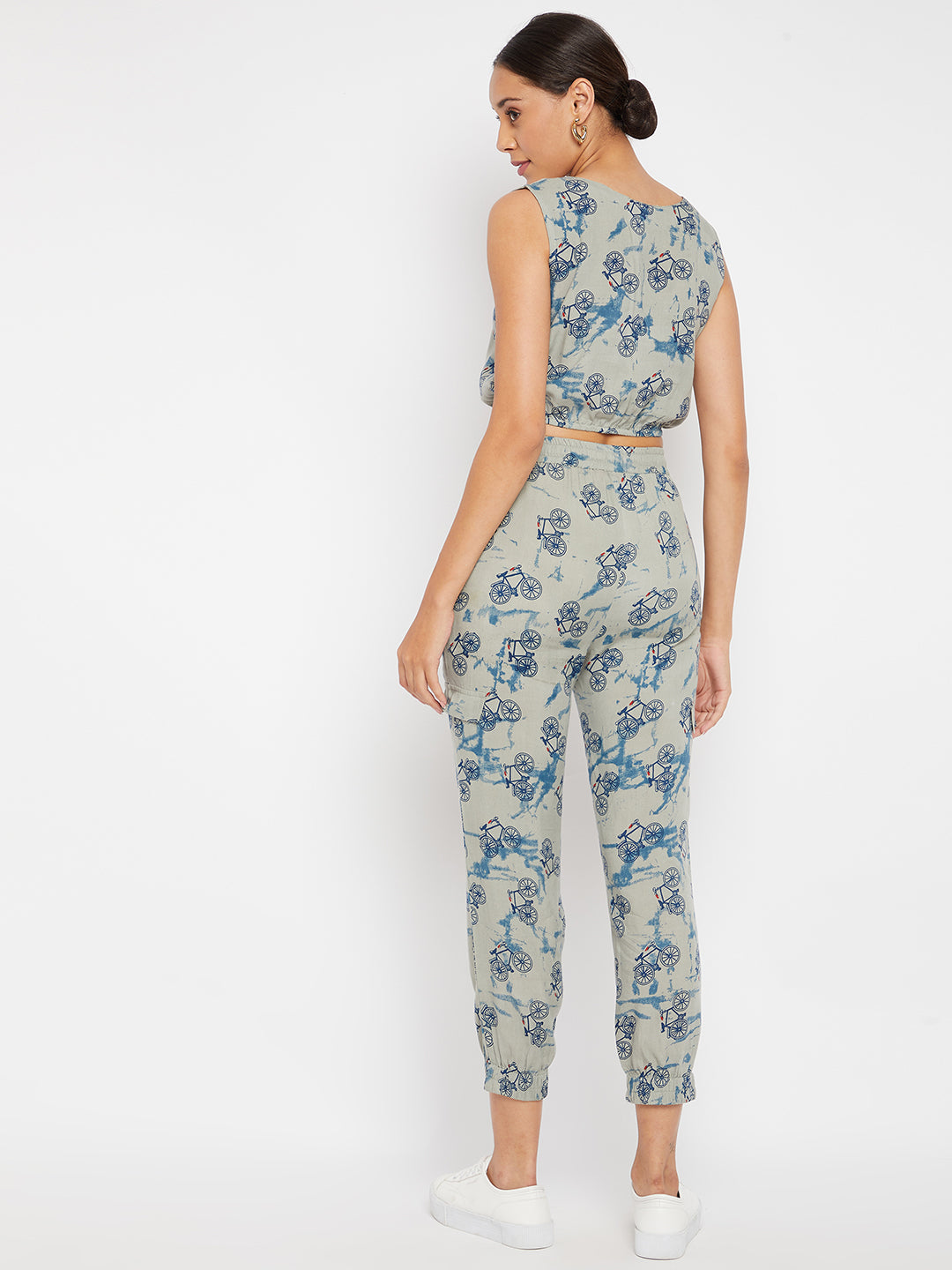 PANIT Grey and Blue Cycle Printed Two-Piece Jumpsuit