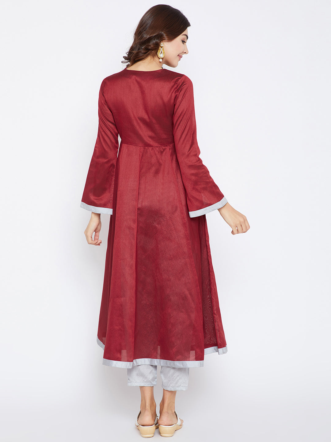 Women's Maroon And Silver Color Anarkali Ankle Length Kurta