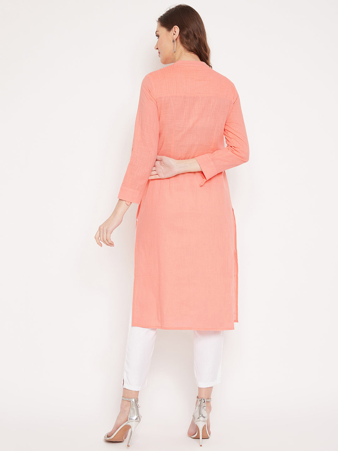 Women peach pin tuck solid kurta