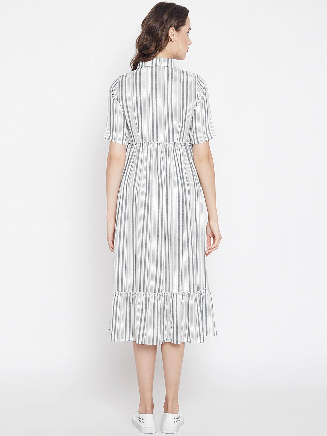 Women's Ivory grey strip weaved Flare Shirt Dress