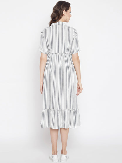 Women's Ivory grey strip weaved Flare Shirt Dress