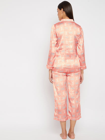 Women Pink & Beige Printed Night suit
