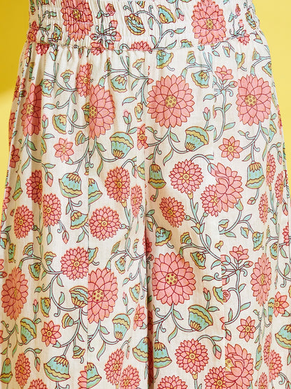 Girls White Floral Printed Relaxed Cotton Trousers