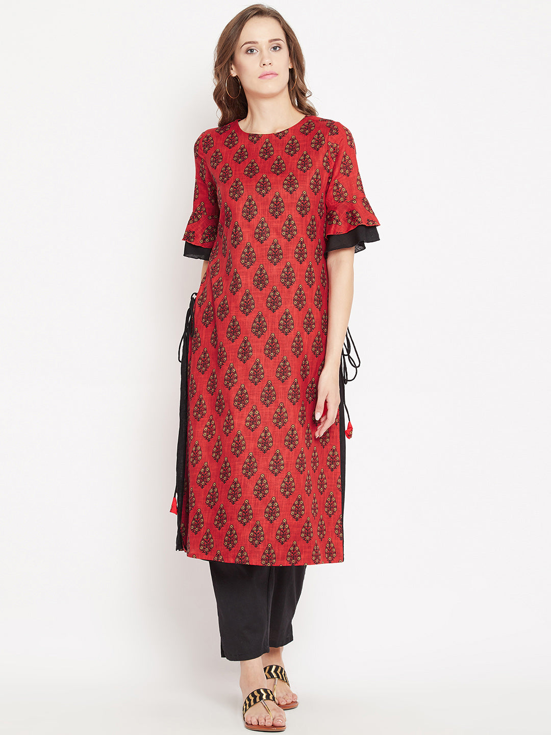 Women's Red Ethnic Motif Printed Mid Length Layed Kurta