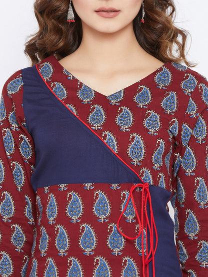 Women's Maroon And Blue Color Paisely Printed Streight Fit Angrakha Kurta
