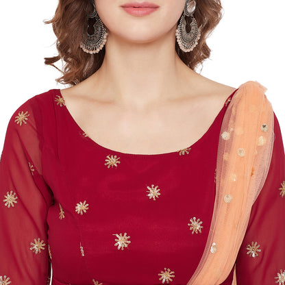 Women Maroon Embellished Maxi Dress With Dupatta
