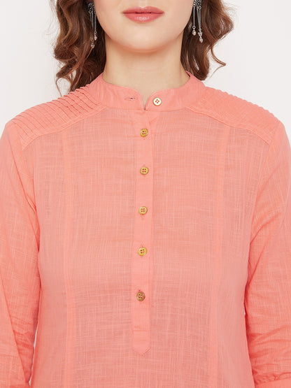 Women peach pin tuck solid kurta