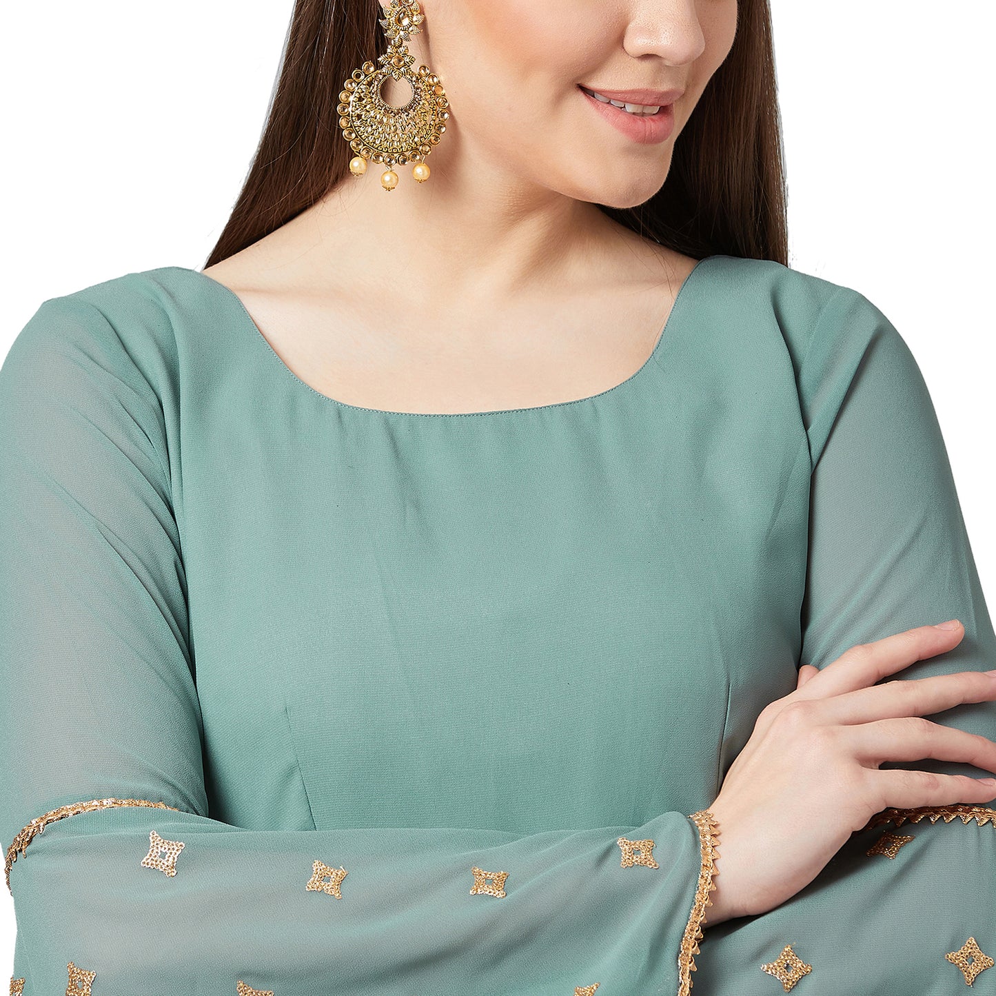 Women Sea Green & Gold Self Design Kurta with Sharara & Dupatta