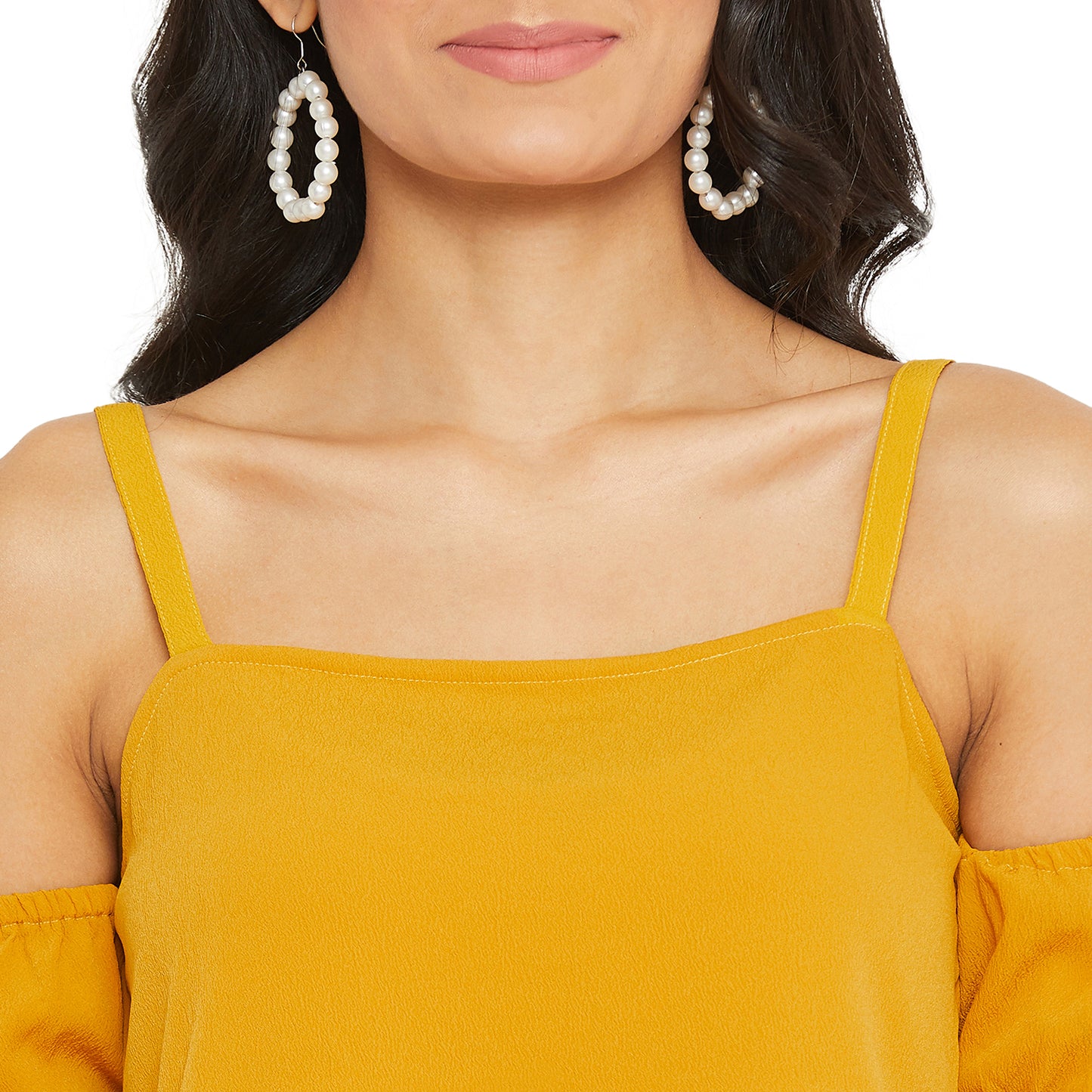 Mustard Solid Off Shoulder Puff Sleeves Bardot Top