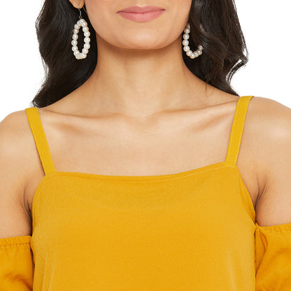 Mustard Solid Off Shoulder Puff Sleeves Bardot Top