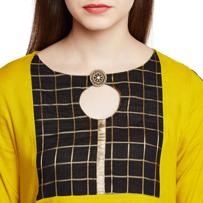 Mustard Color Kurta With Checkered Yoke