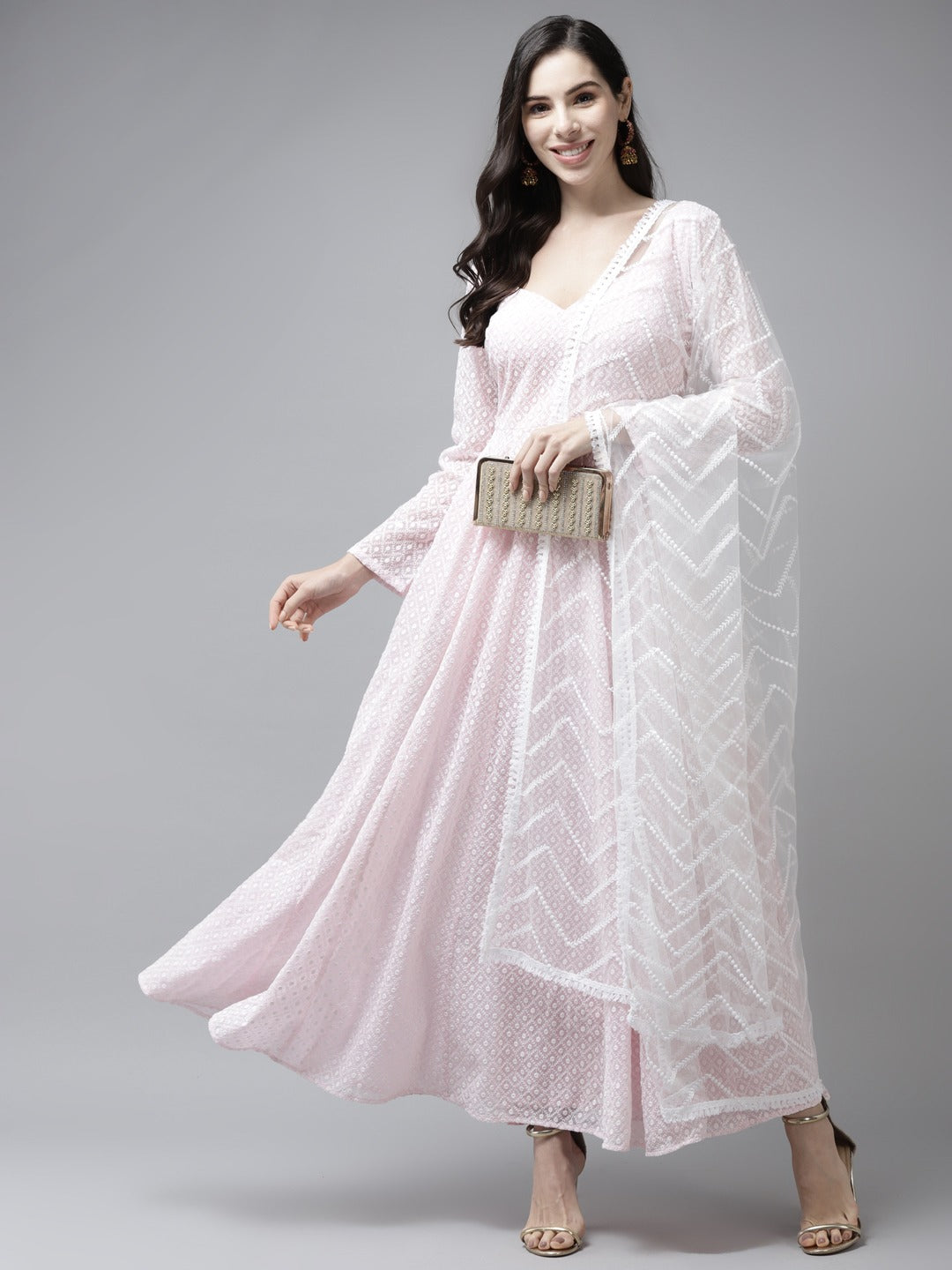 Pink & White Ethnic Motifs Embroidered Georgette Ethnic Maxi Dress With Dupatta