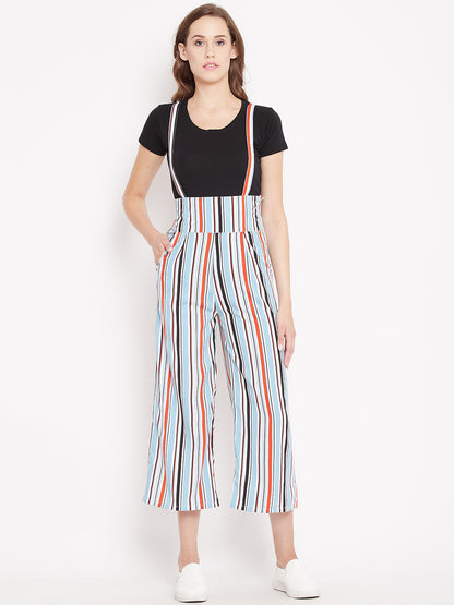 Women's white based multicolour stripes print mid length culotte