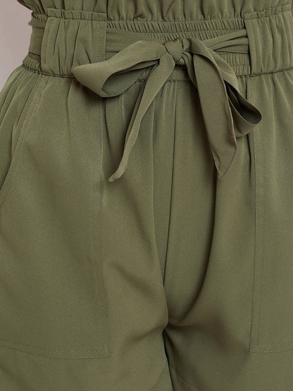 Women Olive Green Solid Loose Fit Regular Shorts