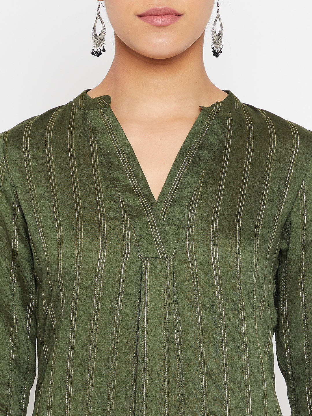 Women Green Striped Kurta with Trousers and Dupatta