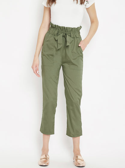 Women's solid olive pleated high waist trouser