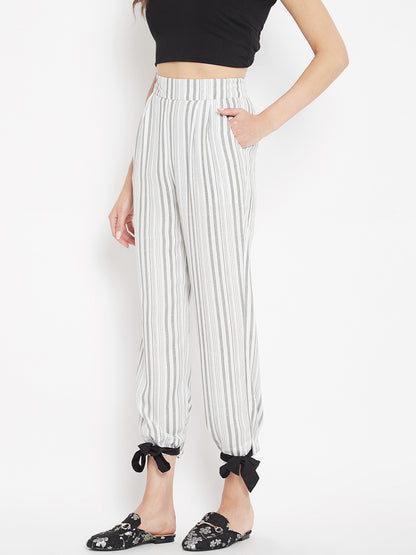 Women's ivory and grey stripes elasticed waist trouser