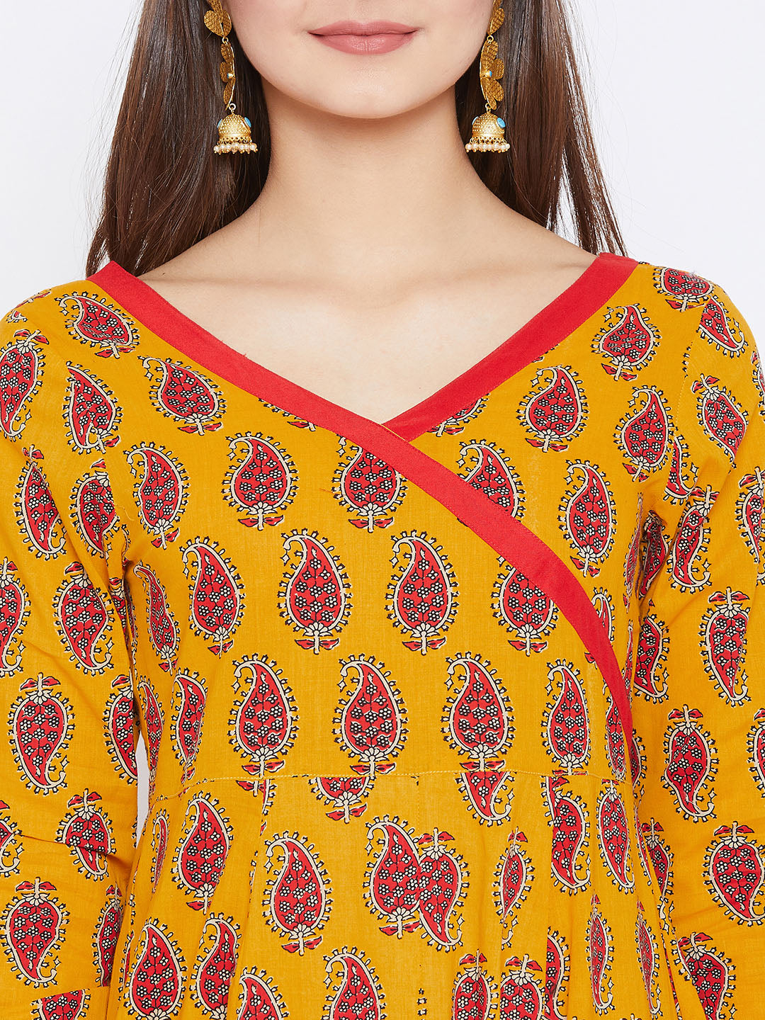 Women's Yellow And Red Color Paisley Printed Anarkali Ankle Length Kurta