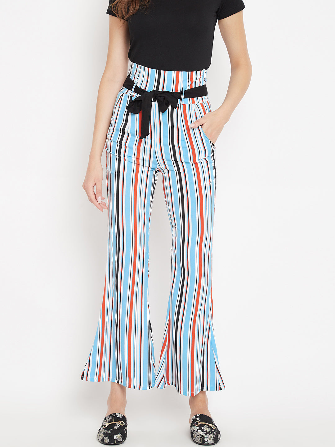 Women's white multicolour stripes print high waist bootcut trouser