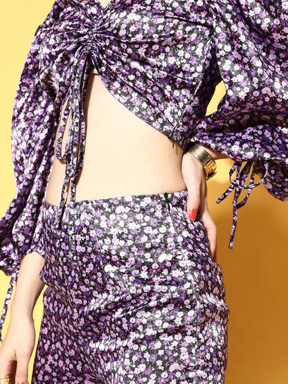 Women Pretty Purple Printed Top with Palazzos