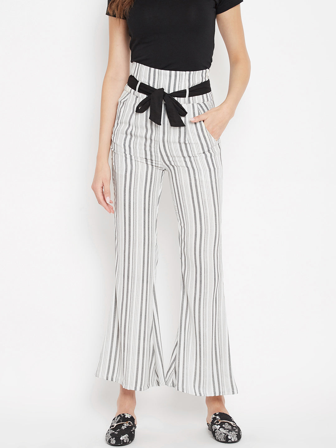 Women's ivory and grey stripes high waist bootcut trouser