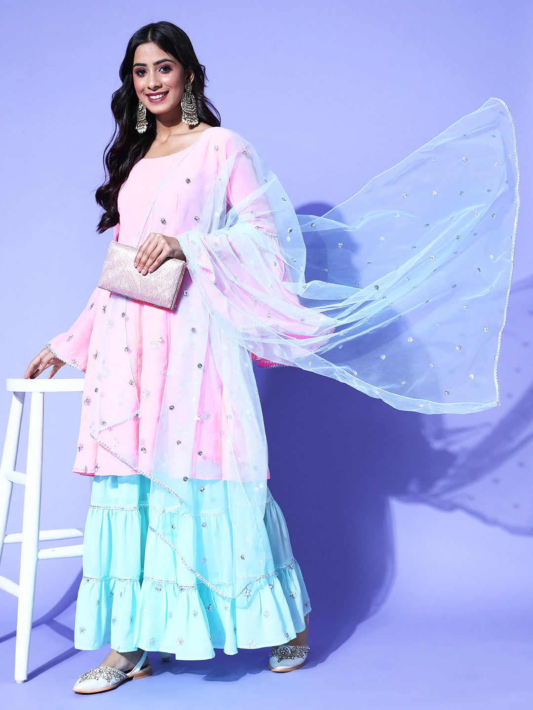 Embroidered baby pink kurta and baby blue sharara with matching embroidered dupatta