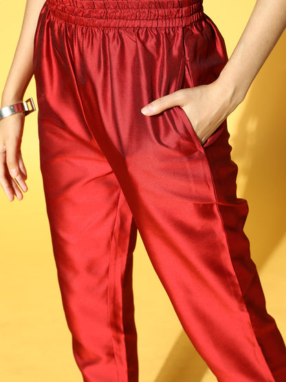Women Maroon Yoke Design Dupion Silk Anarkali Kurta with Trousers & Dupatta