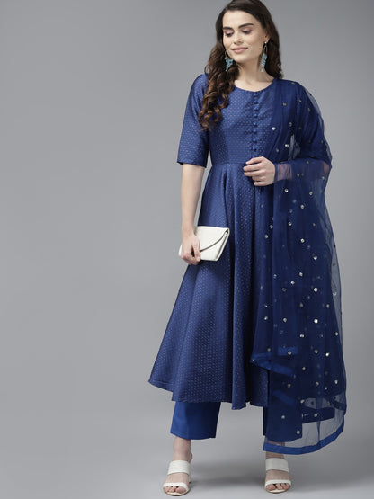 PANIT Women Blue Ethnic Motifs Embroidered Kurta with Trousers  With Dupatta