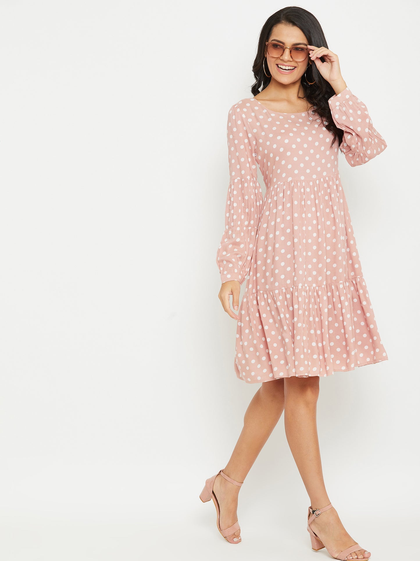 Women Pink Polka Dot Tiered A-line Dress