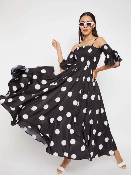 Women Black Base and White Polka Dot Printed Maxi Dress