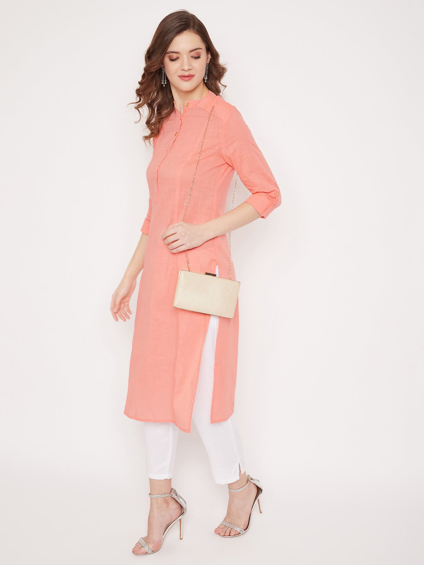 Women peach pin tuck solid kurta