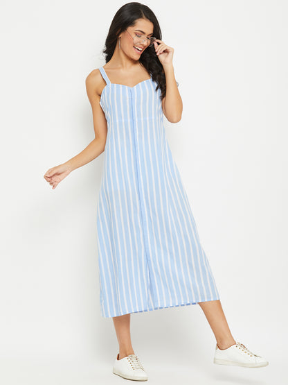 Women Blue and White Stripe Fit and Flare Midi Dress
