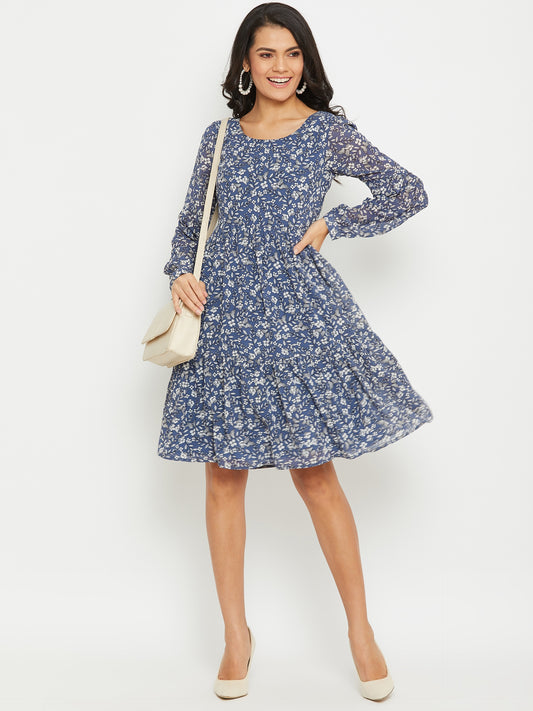 Women Blue Print Tiered A-Line Dress