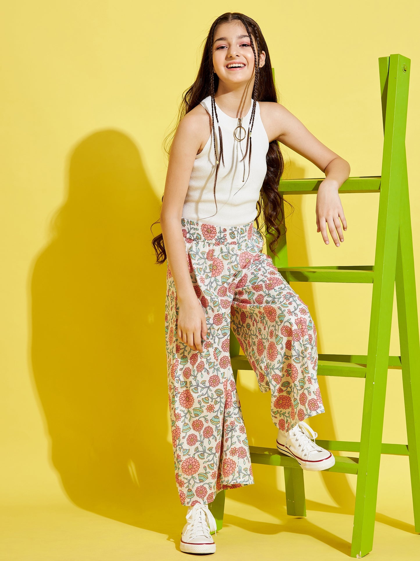 Girls White Floral Printed Relaxed Cotton Trousers