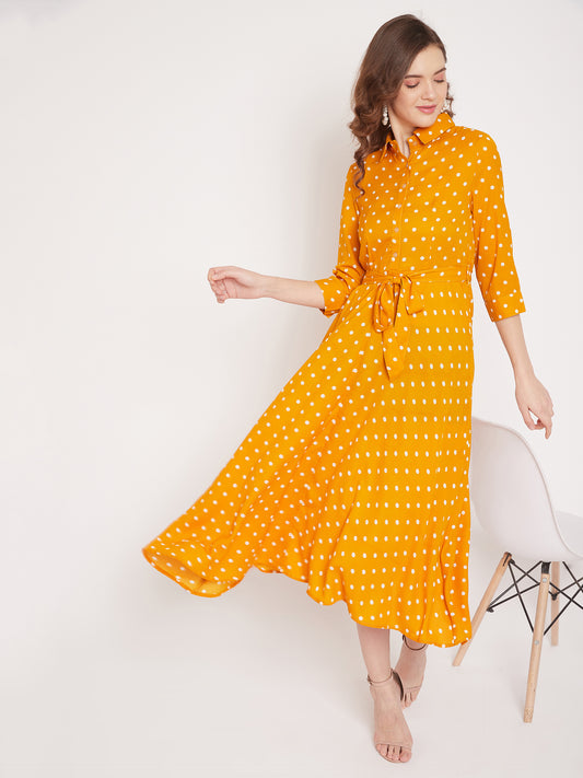 Women Mustard Yellow Printed A-Line Dress