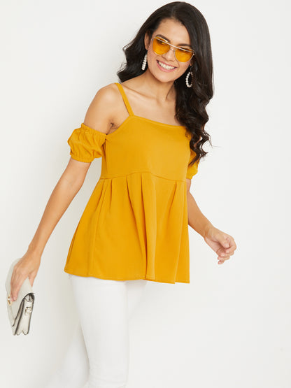 Mustard Solid Off Shoulder Puff Sleeves Bardot Top