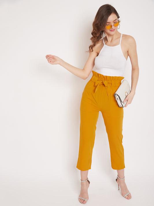 Wome Mustard Solid Crepe Cigarette Trouser