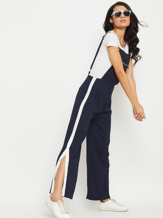 Navy Blue solid dungarees with side stripes detail