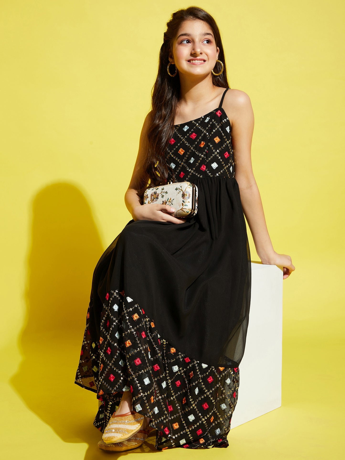 Girls Black & Red Floral Embroidered Ethnic Maxi Dress