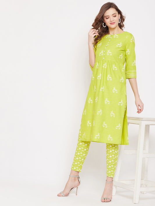 Lime green block print kurta with matching trouser