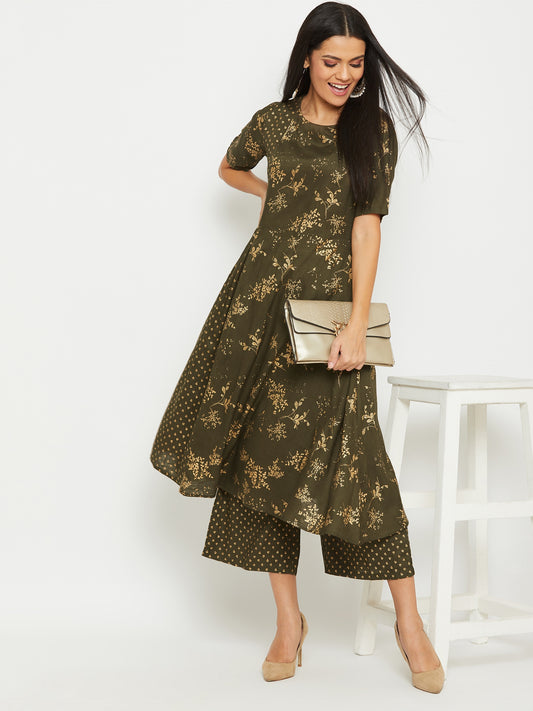 Mehndi Golden Foil Printed Kurta Set