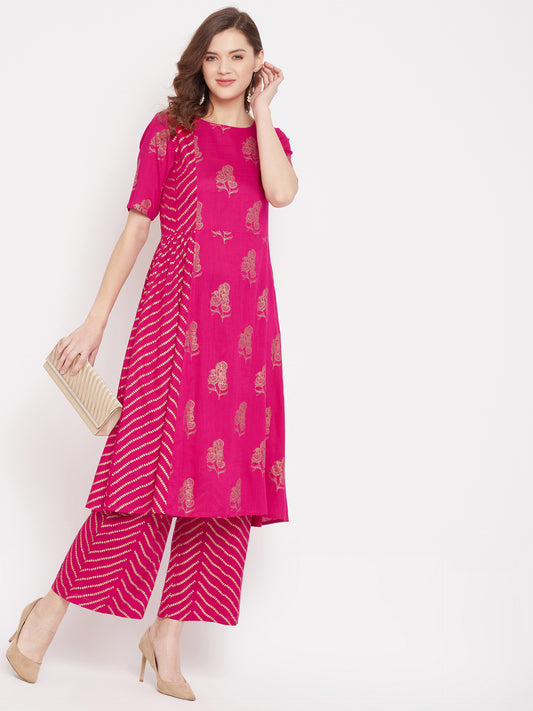 Fuchsia foil printed kurta set
