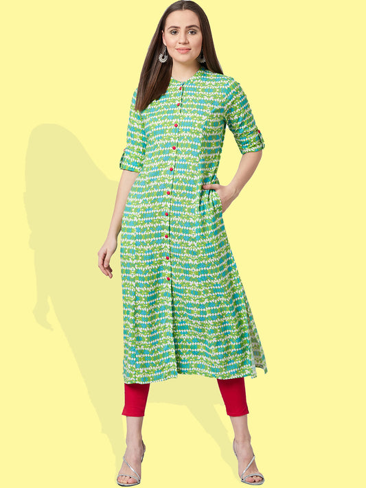 Women Green Printed A-Line Kurta