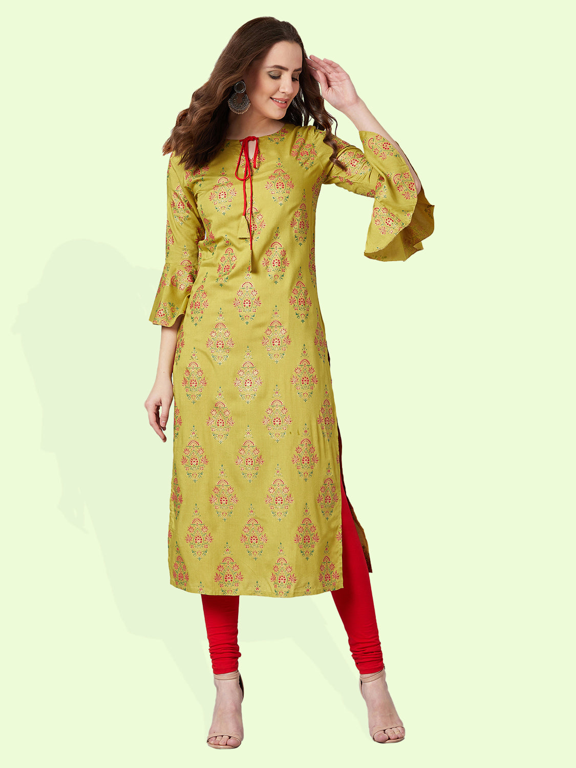 Women Mustard Yellow Printed A-Line Kurta
