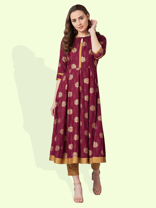 Women Maroon Printed Anarkali Kurta