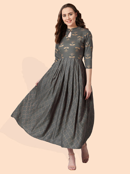 Women Charcoal Grey & Gold Block Floral Print Fit and Flare Dress